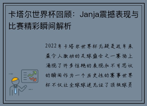 卡塔尔世界杯回顾：Janja震撼表现与比赛精彩瞬间解析