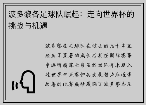 波多黎各足球队崛起：走向世界杯的挑战与机遇